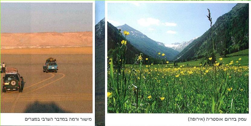מימין: - עמק בדרום אוסטריה (אירופה)
משמאל: - מישור ורמה במדבר הערבי במצרים.